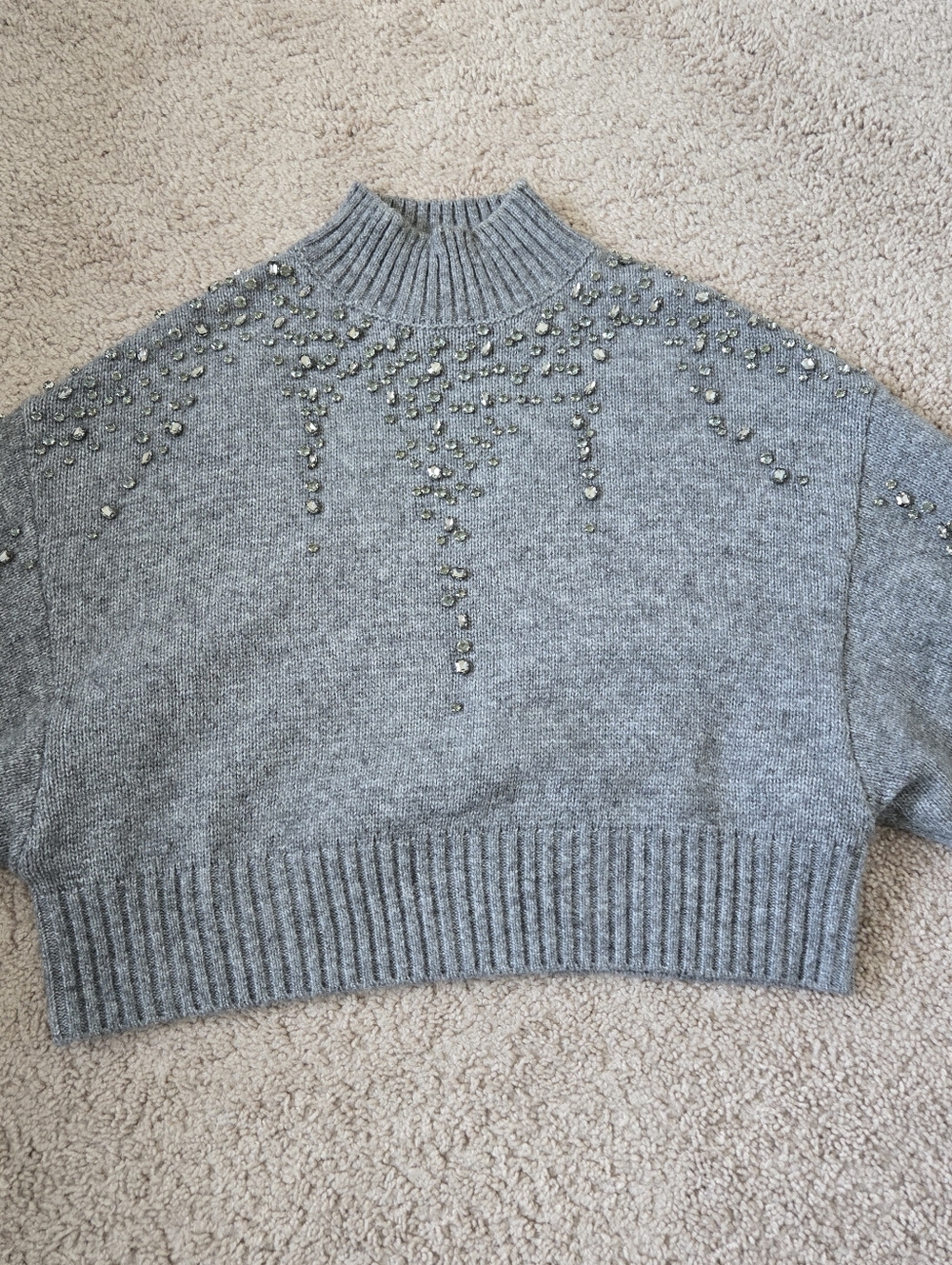 Zara Womens Rhinestones Embellished Knit Cropped Sweater Medium Wool Blend Gray - Picture 10 of 16